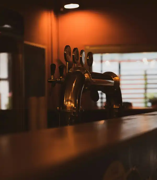 Le spine della birra allineate sul bancone di legno, nella luce ambrata del locale