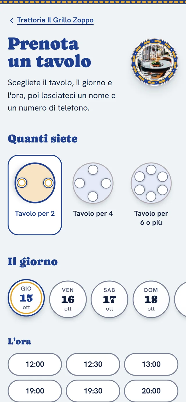 La prenotazione di una trattoria vista da telefono: si sceglie il tavolo per due, per quattro o per sei