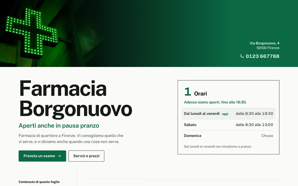 Il sito di Farmacia Borgonuovo, visto da computer