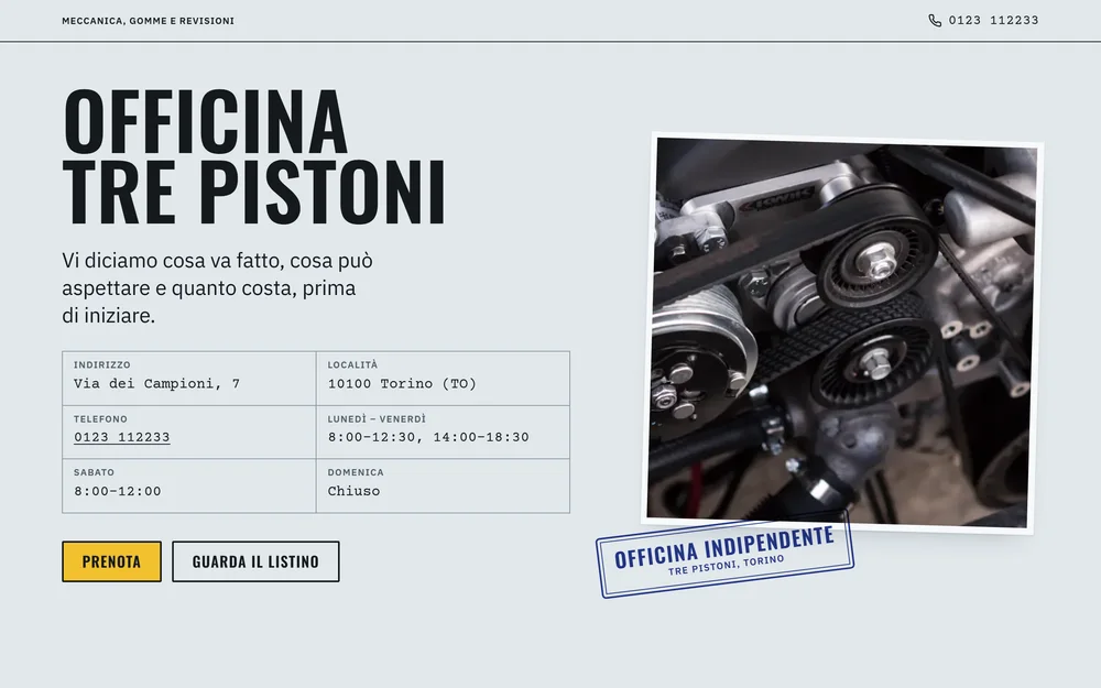 Il sito di Officina Tre Pistoni, visto da computer