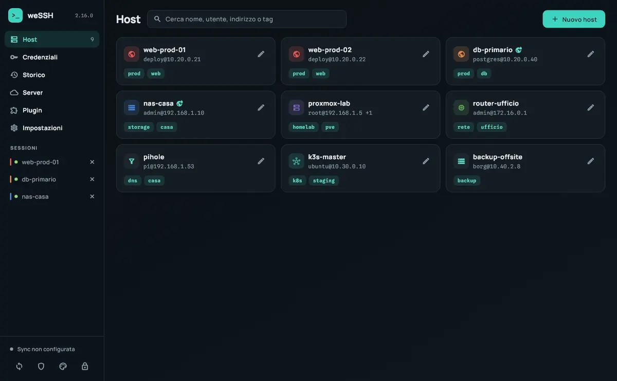 weSSH: l'elenco dei server